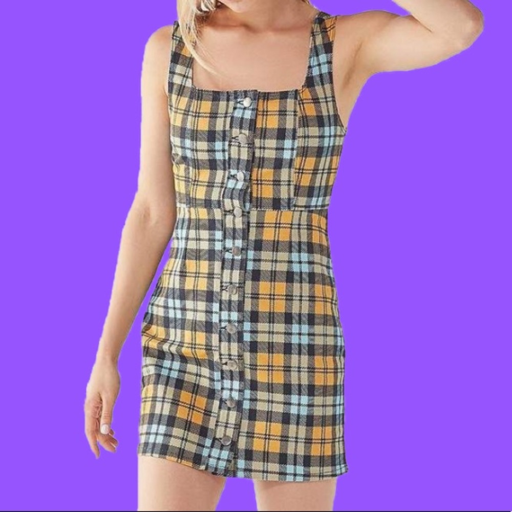 UO Plaid Button Down Denim Mini Dress